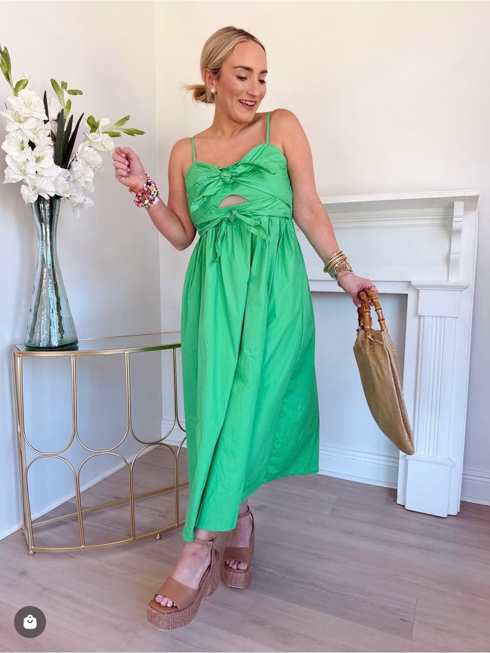 Kate Spade Bright Green Tie-Front Midi Dress with spaghetti straps. Size 0 .